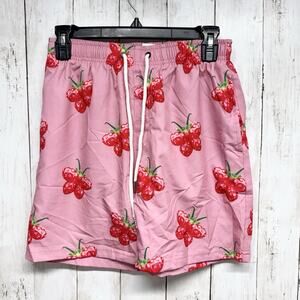 Petals and Peacocks Shorts Men Sz Small Pink Strawberry Print Swim Short Trunks